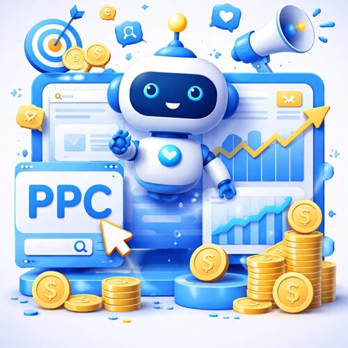 A friendly robot emerges from a computer screen to offer PPC tips
